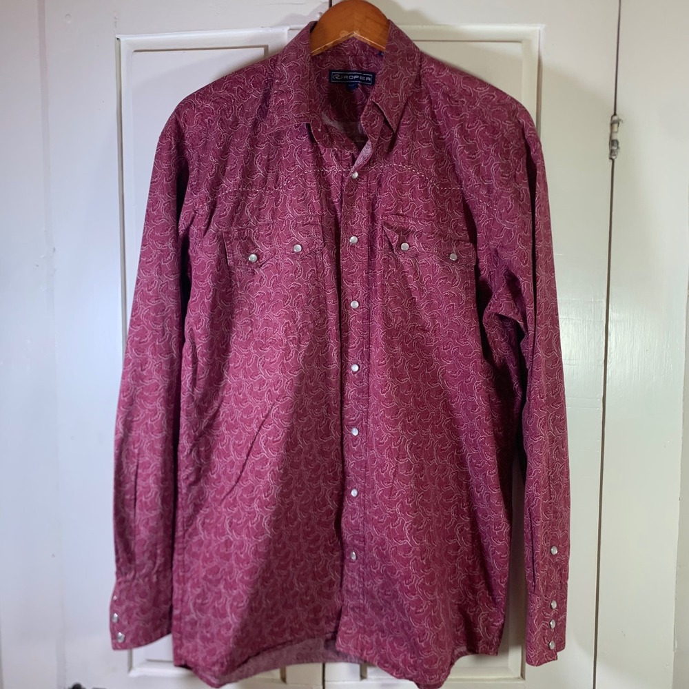 Roper Mens Burgundy Red Leaf Print Western Pearl Snap Shirt Tall MT Rodeo Party